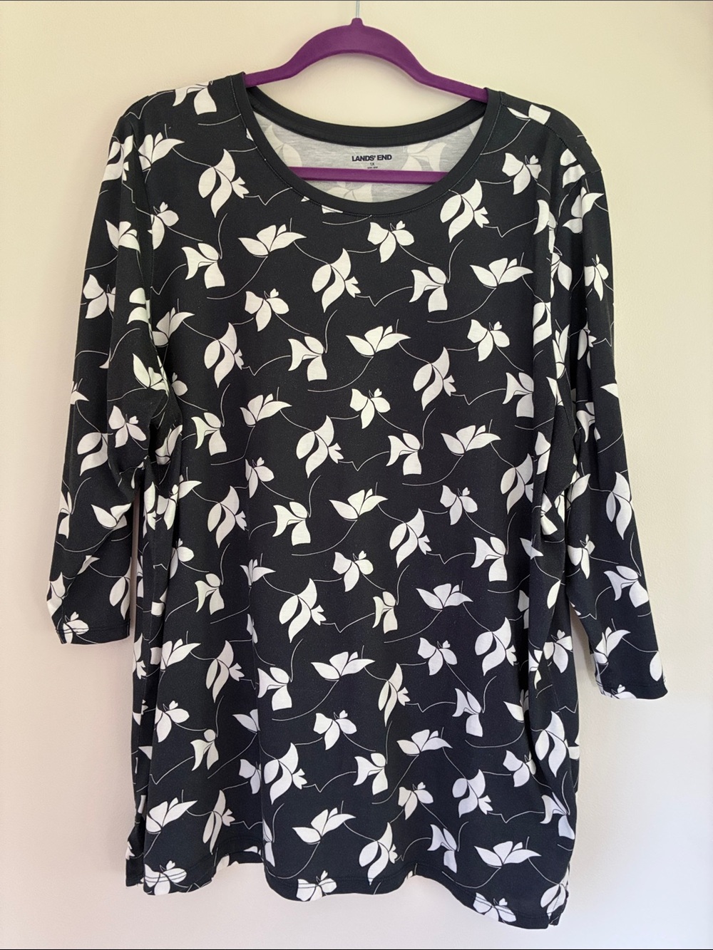 Lands' End Black and White Floral Long Sleeve Tunic Size XL